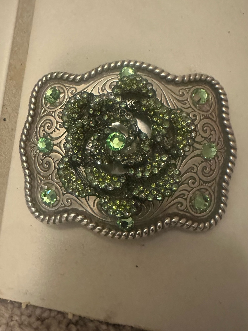 Green Crystal Floral Statement Belt Buckle